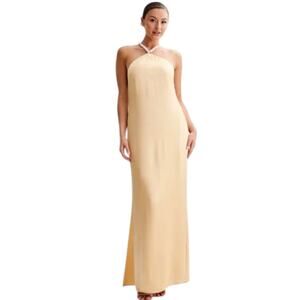 MESHKI Blanche Satin Pearl Halter Satin Fabric Halter Neckline Gown L NWT